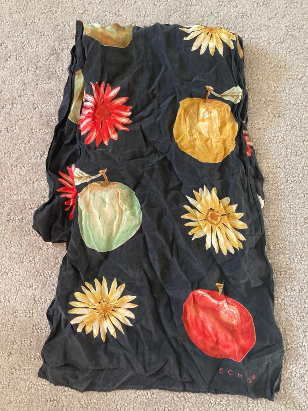 Vintage Echo black silk apples & daisies scarf.